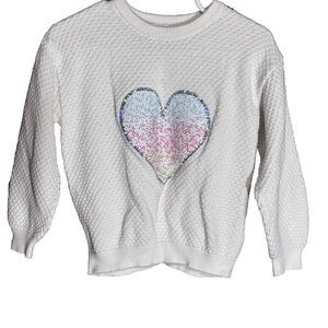 H&M Girls Cream Lightweight Pullover Sweater With Flip Sequined Heart 3T Cotton